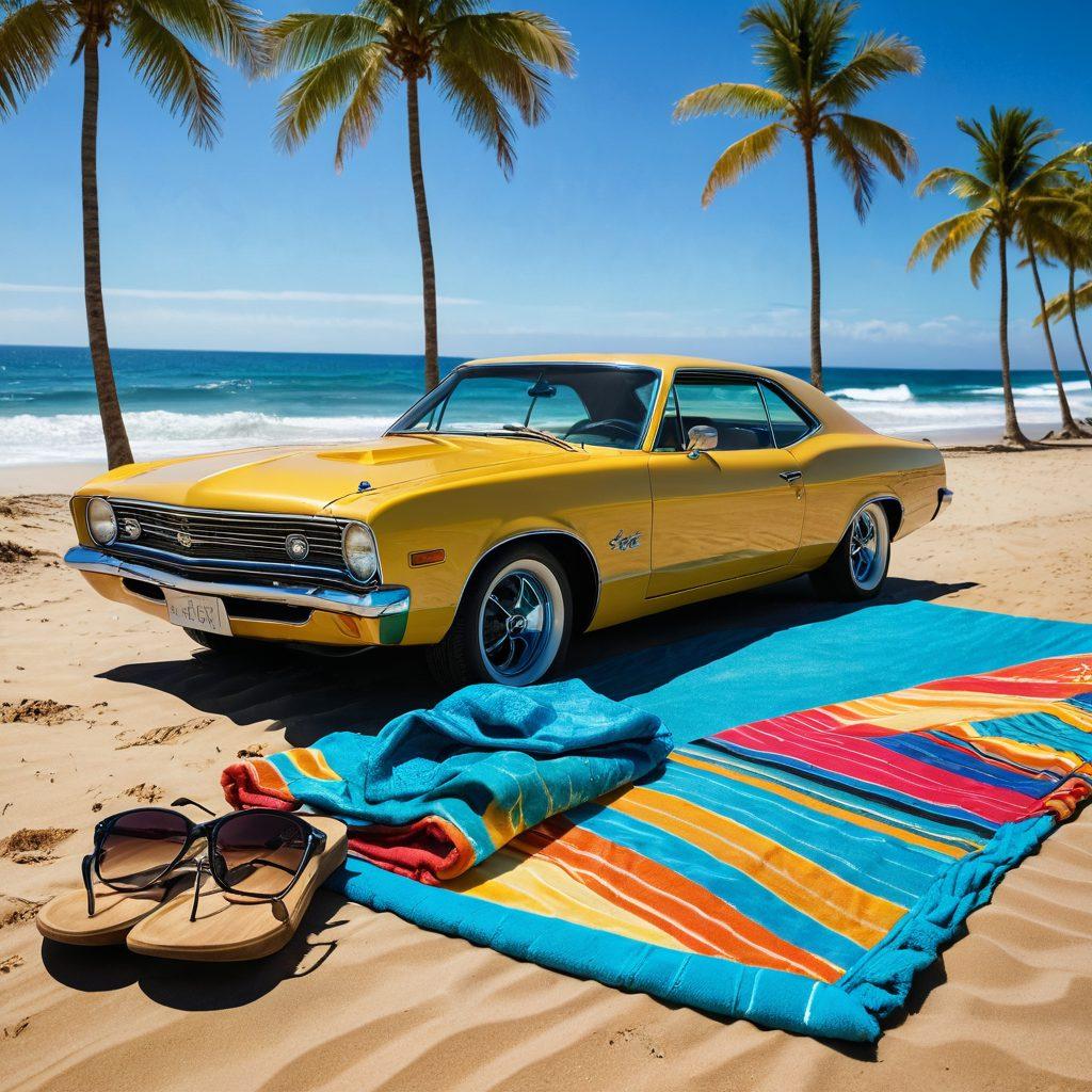 A sunny beach scene with golden sand, vibrant waves crashing in the background, and stylish beachwear laid out on a colorful beach towel. In the foreground, a sleek, upgraded summer car shines, displaying unique modifications and accessories, with sunglasses and a surfboard leaning on it. The scene radiates summer vibes and adventure. super-realistic. bright colors. 3D.