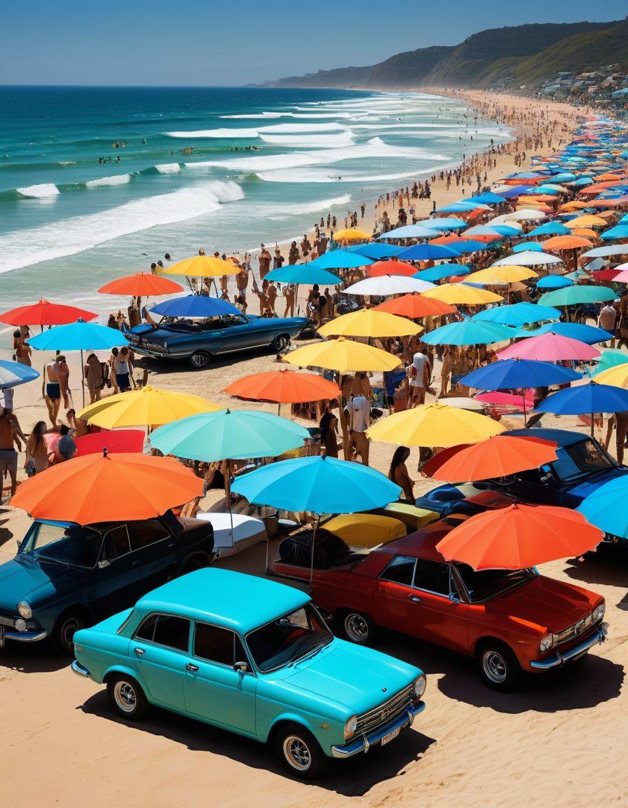 A sun-soaked beach scene with surfboards propped against colorful beach umbrellas, showcasing various stylish summer swimwear. Include beach buffs flexing their muscles and car lovers posing with classic convertible cars parked nearby. Capture the joy of summer with vibrant colors, clear skies, and splashing waves. Implement a fun and energetic atmosphere that highlights both the beach and automotive culture. vibrant colors. super-realistic.
